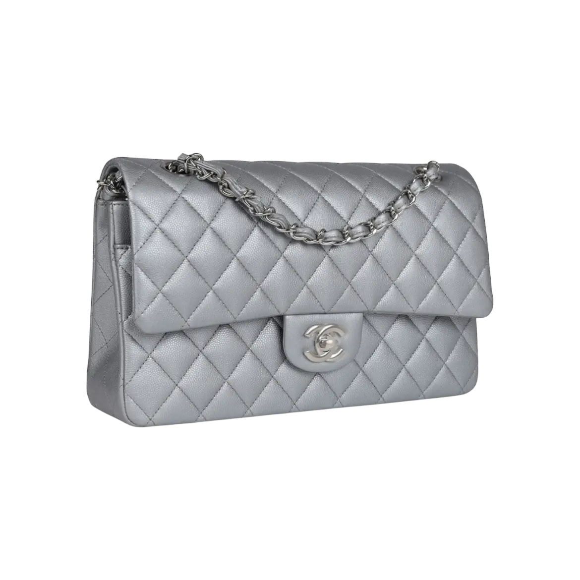 Chanel Classic Double Flap Silver Caviar Silver Hardware Chrome Dubai
