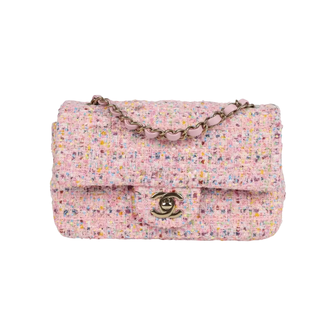 Chanel Mini Flap Bag Pink Tweed and Sequin Light Gold Hardware Chrome Dubai