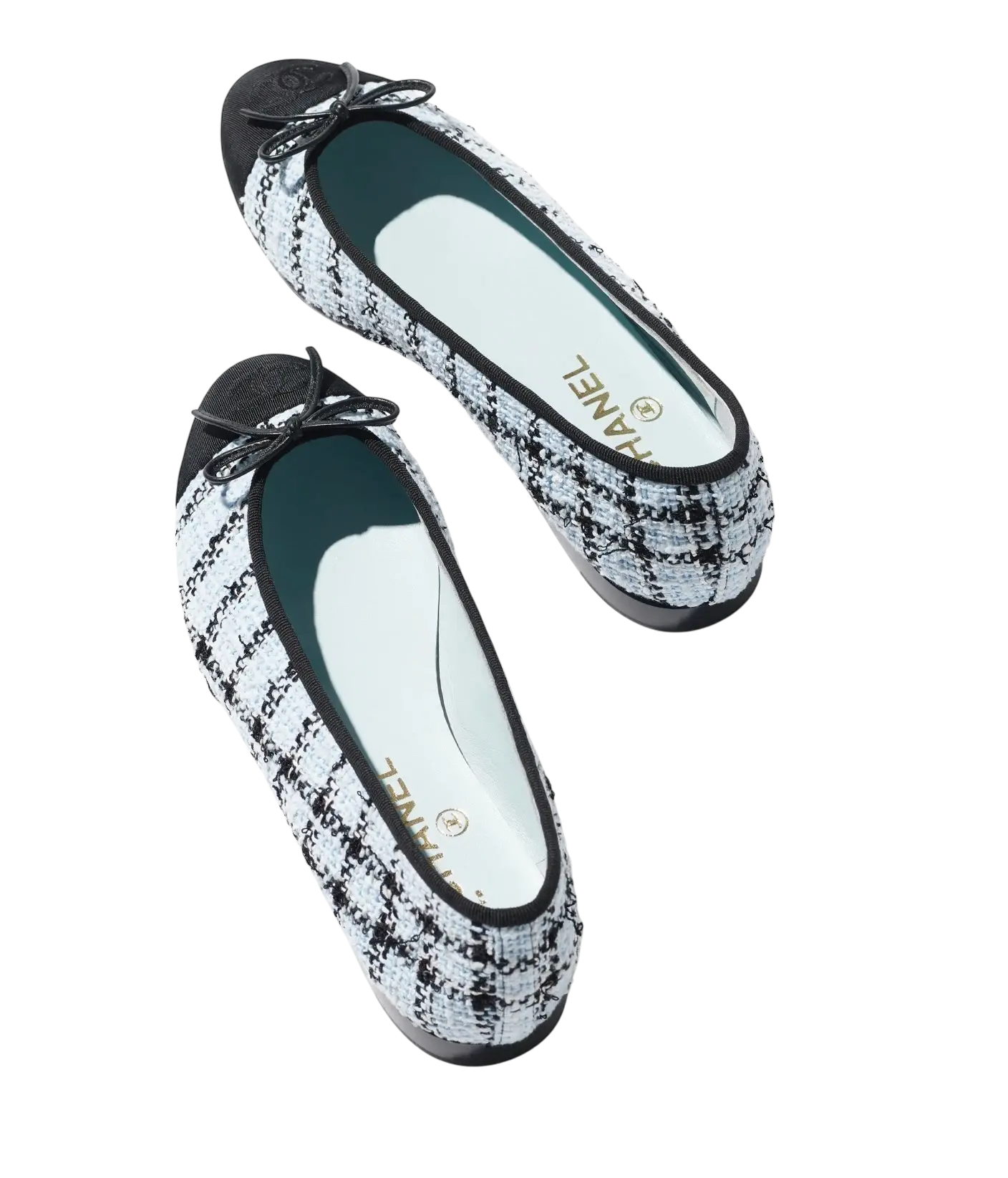 Chanel Ballet Flats Light Blue & Black Tweed / Grosgrain Chrome Dubai