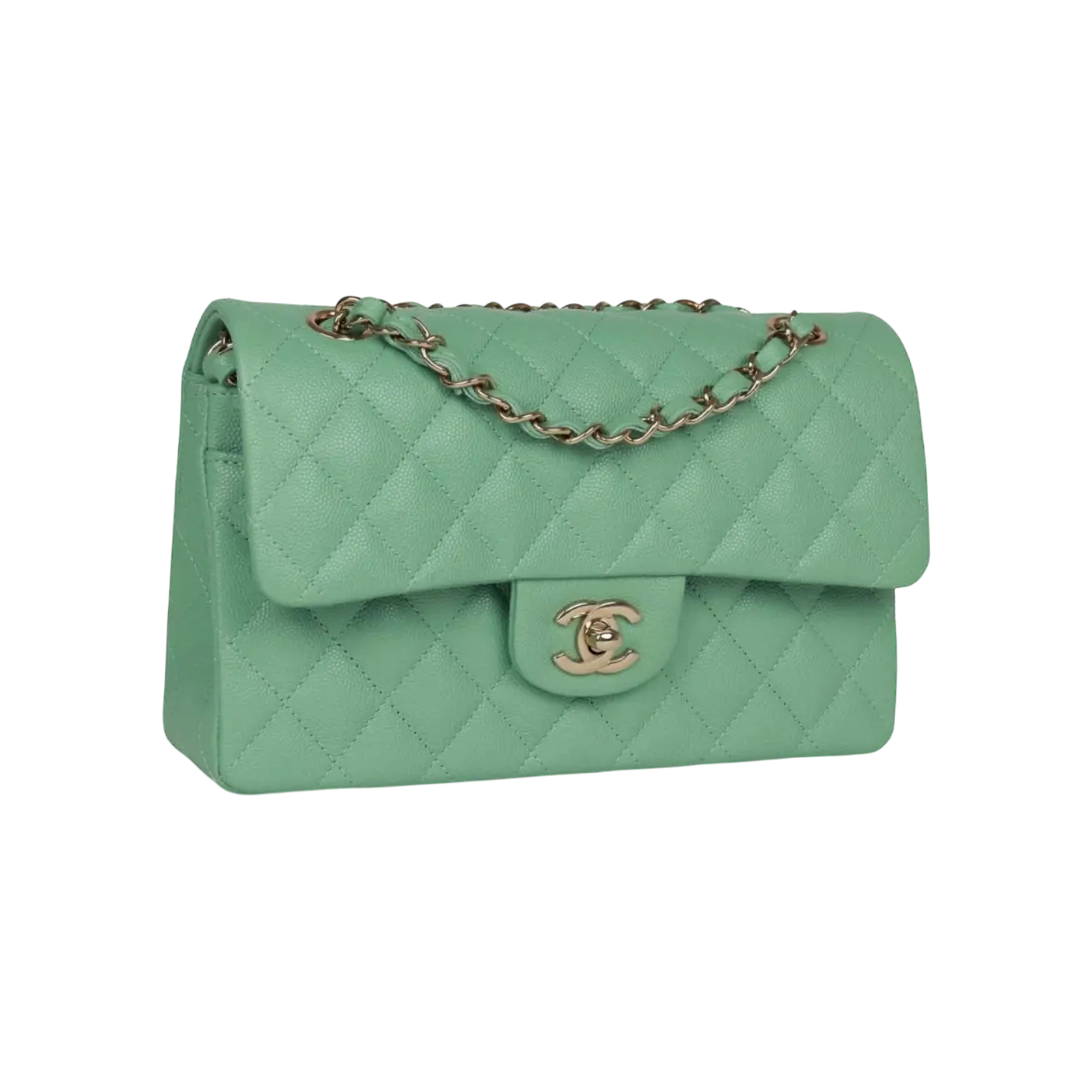 Chanel Classic Double Flap Green Caviar Light Gold Hardware Chrome Dubai