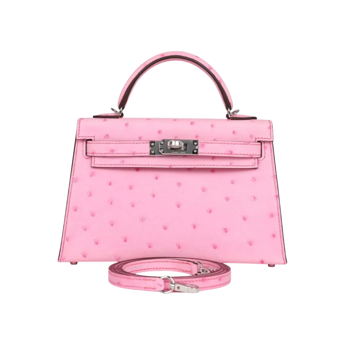 Hermès Mini Kelly Sellier Bubblegum Ostrich Palladium Hardware Chrome Dubai