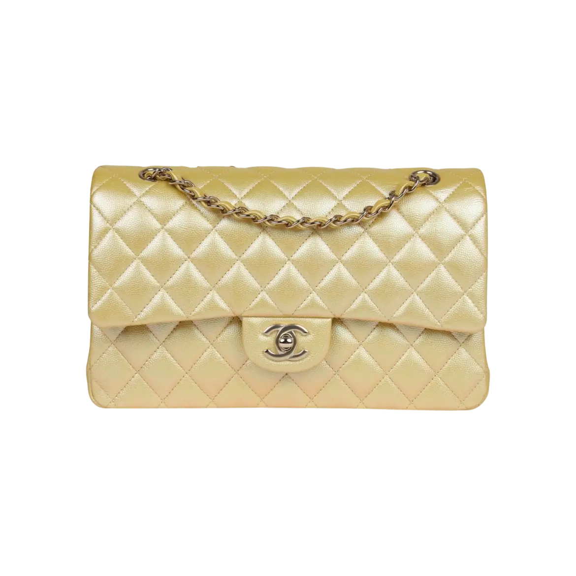 Chanel Classic Double Flap Bag Yellow Iridescent Caviar Light Gold Hardware Chrome Dubai
