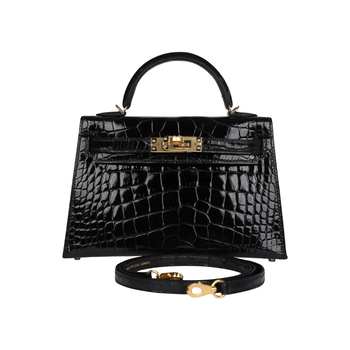 Hermès Mini Kelly Sellier Black Shiny Alligator Gold Hardware Chrome Dubai