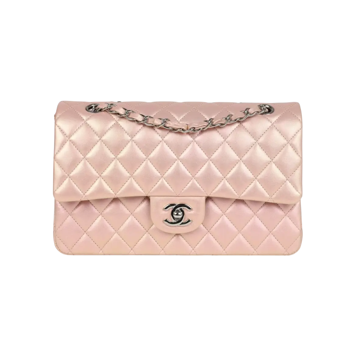 Chanel Classic Double Flap Bag Pink Iridescent Lambskin Silver Hardware Chrome Dubai