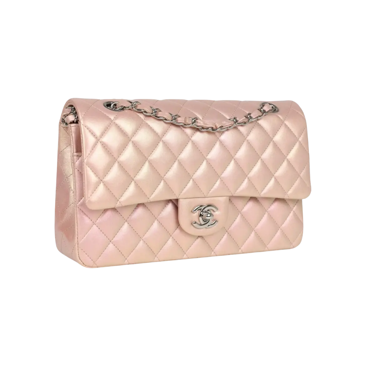 Chanel Classic Double Flap Bag Pink Iridescent Lambskin Silver Hardware Chrome Dubai