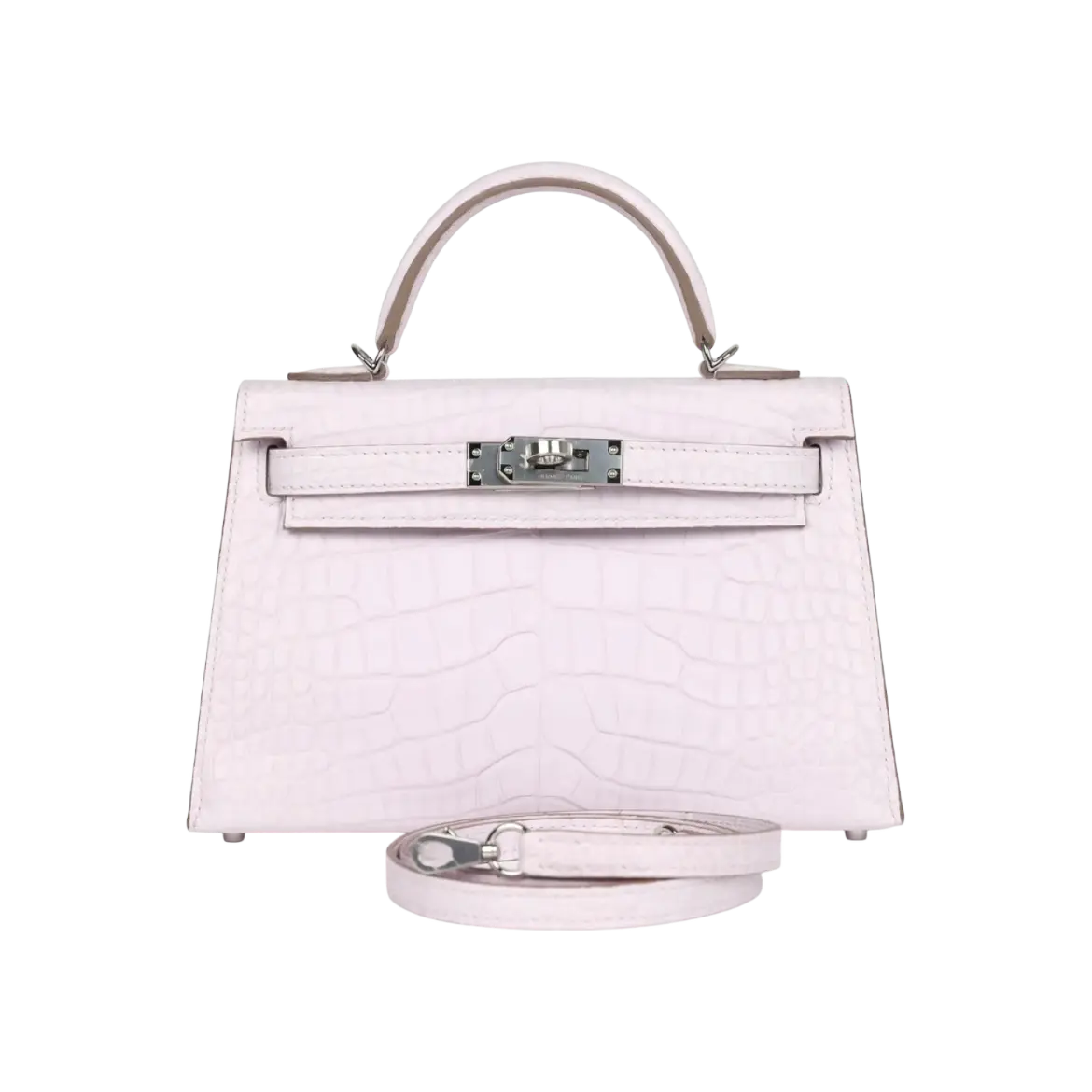 Hermès Mini Kelly Sellier Mauve Pale Boreal Satin Alligator Palladium Hardware Chrome Dubai