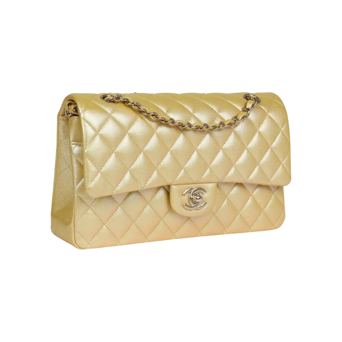 Chanel Classic Double Flap Bag Yellow Iridescent Caviar Light Gold Hardware Chrome Dubai