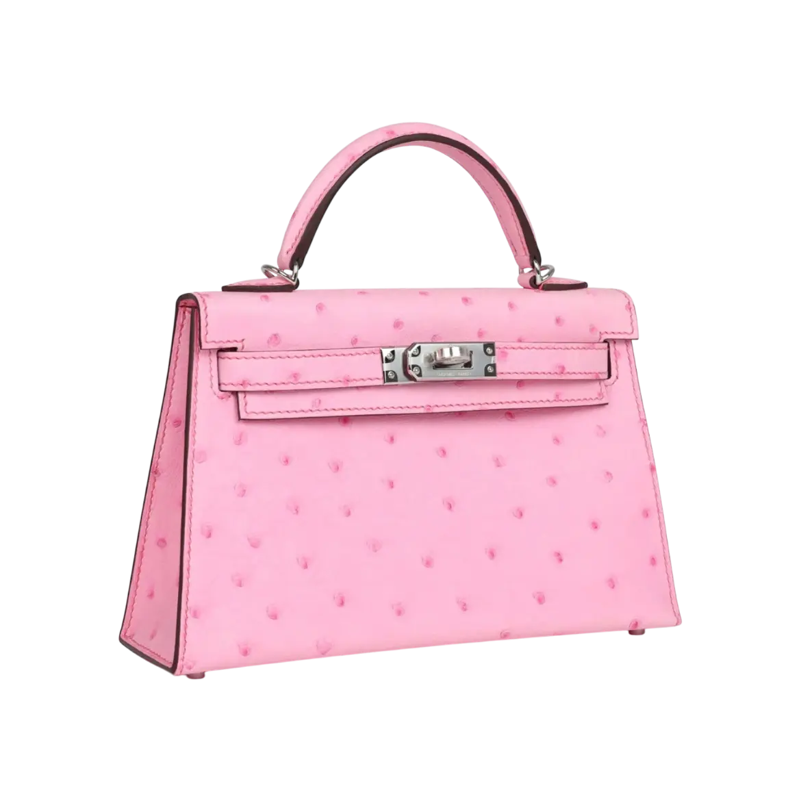 Hermès Mini Kelly Sellier Bubblegum Ostrich Palladium Hardware Chrome Dubai