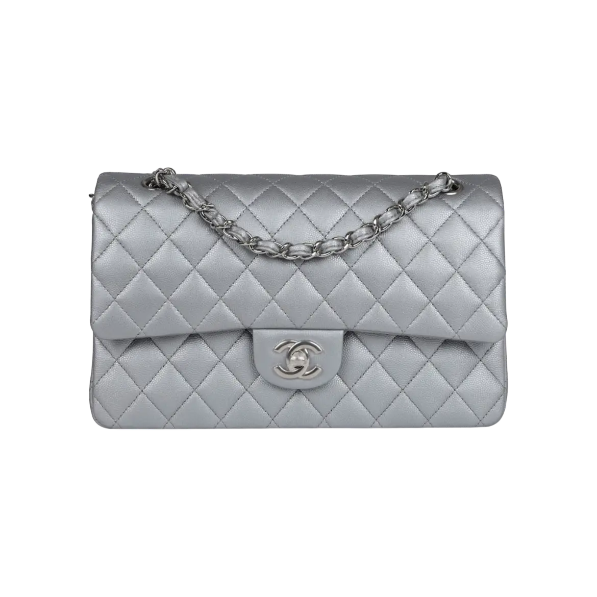 Chanel Classic Double Flap Silver Caviar Silver Hardware Chrome Dubai
