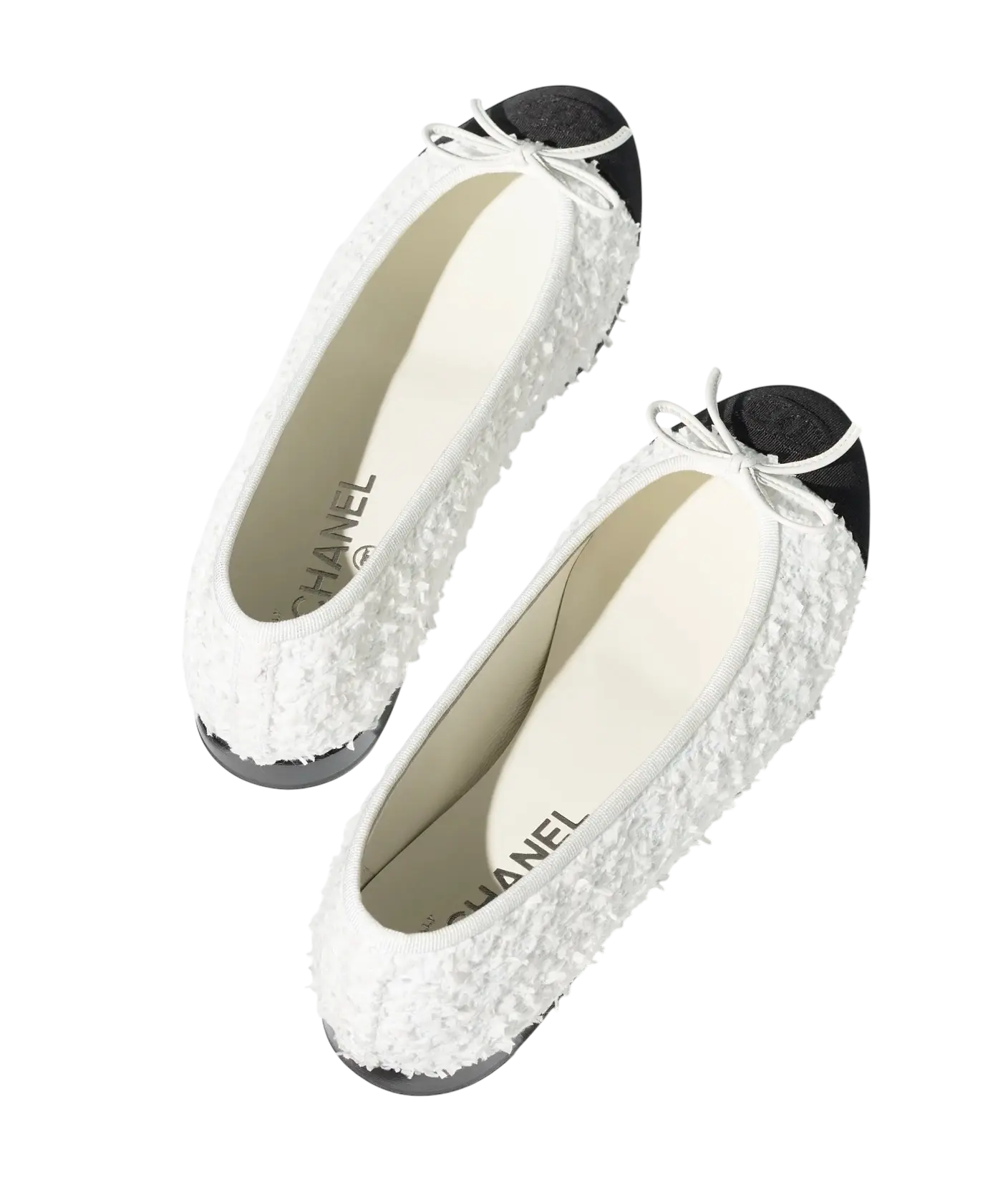 Chanel Ballet Flats White & Black Cotton Tweed / Grosgrain Chrome Dubai