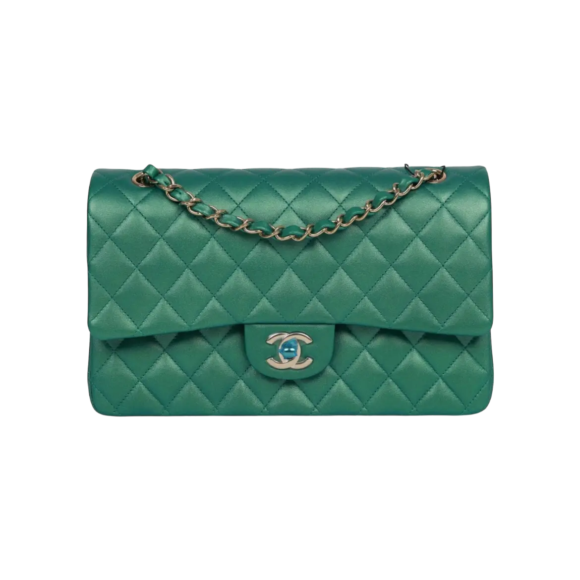 Chanel Classic Double Flap Bag Green Iridescent Lambskin Light Gold Hardware Chrome Dubai