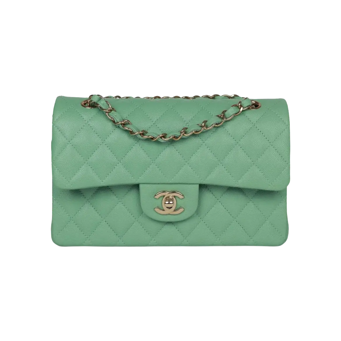 Chanel Classic Double Flap Green Caviar Light Gold Hardware Chrome Dubai