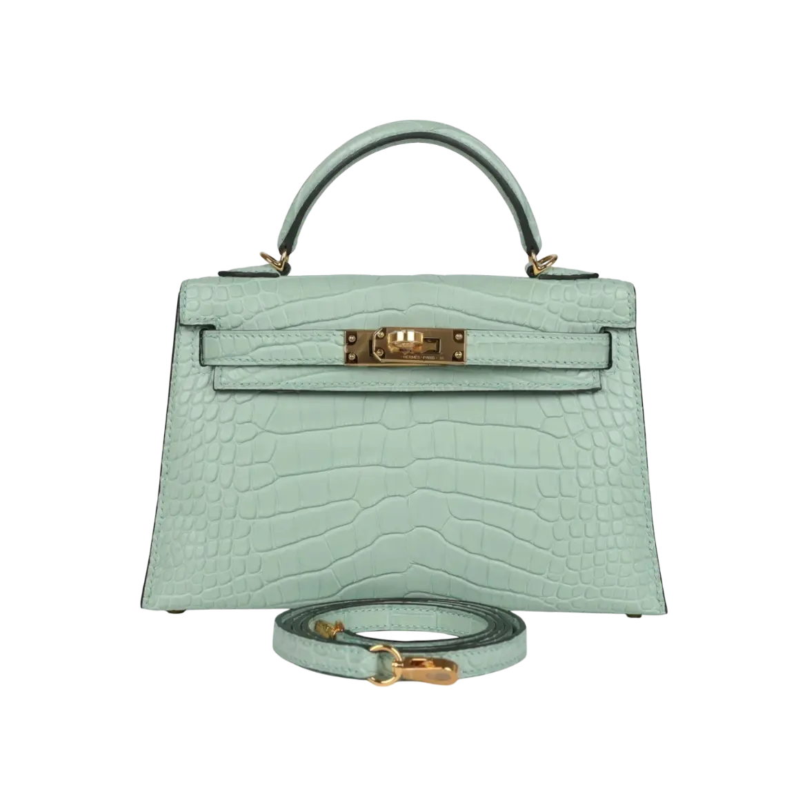 Hermès Mini Kelly Sellier Vert D'Eau Matte Alligator Gold Hardware Chrome Dubai