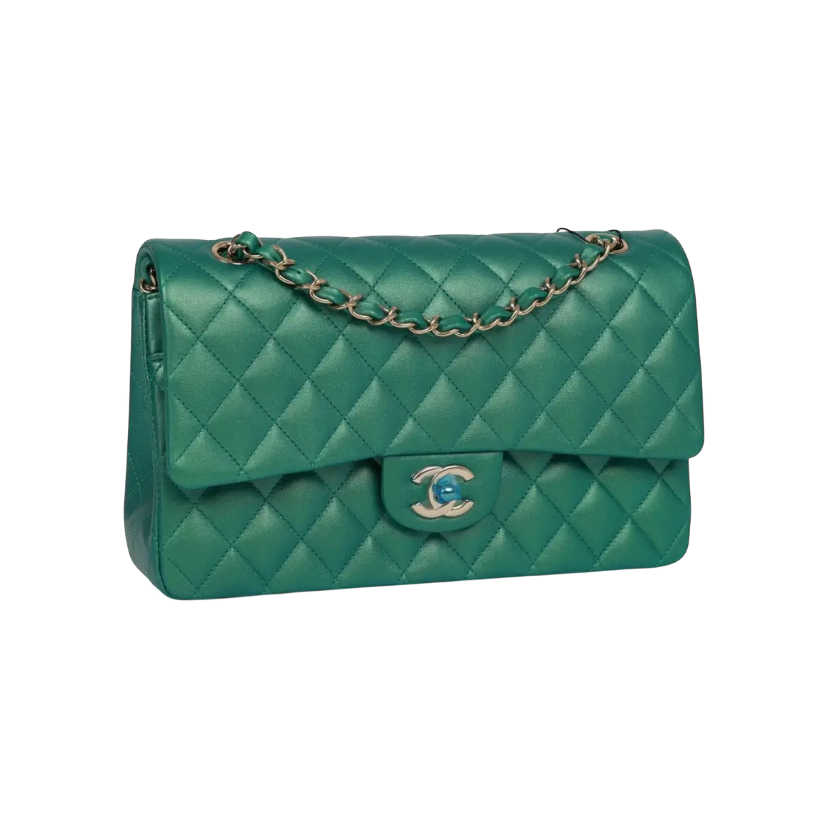 Chanel Classic Double Flap Bag Green Iridescent Lambskin Light Gold Hardware Chrome Dubai