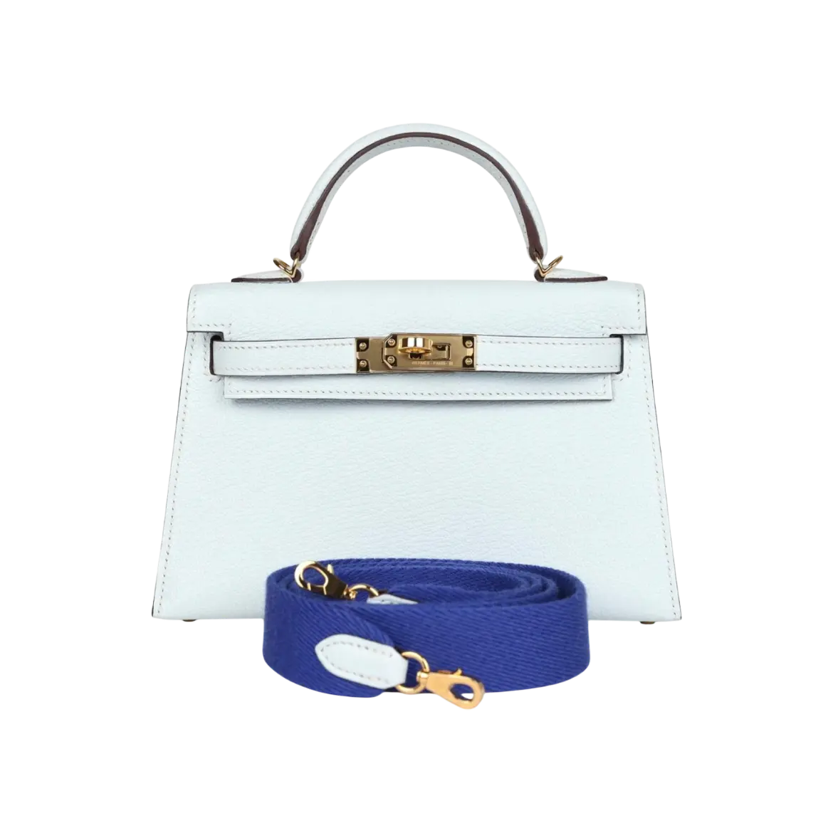 Hermès Mini Kelly Sellier Bleu Brume Chevre Gold Hardware Chrome Dubai