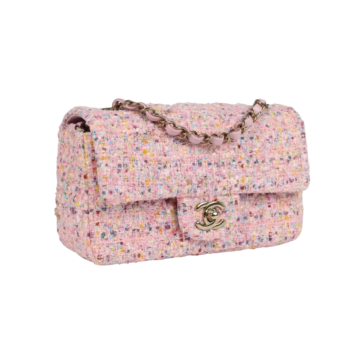 Chanel Mini Flap Bag Pink Tweed and Sequin Light Gold Hardware Chrome Dubai