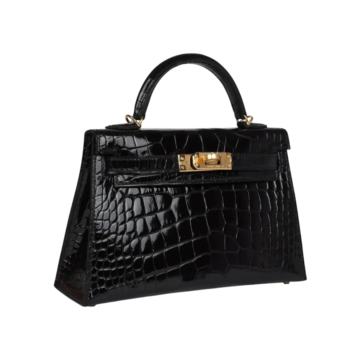 Hermès Mini Kelly Sellier Black Shiny Alligator Gold Hardware Chrome Dubai
