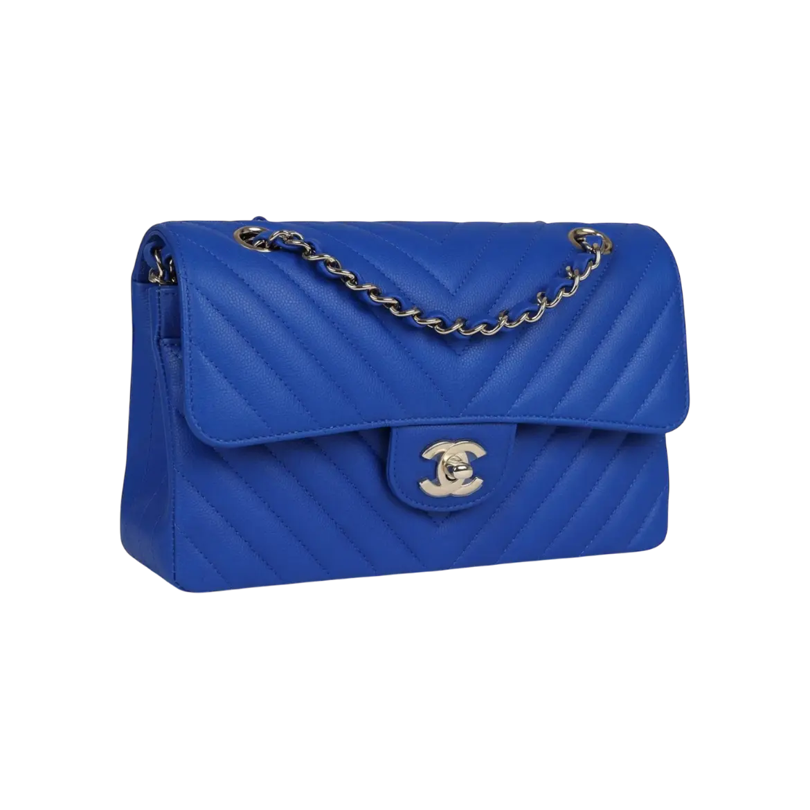 Chanel Classic Double Flap Blue Chevron Caviar Light Gold Hardware Chrome Dubai