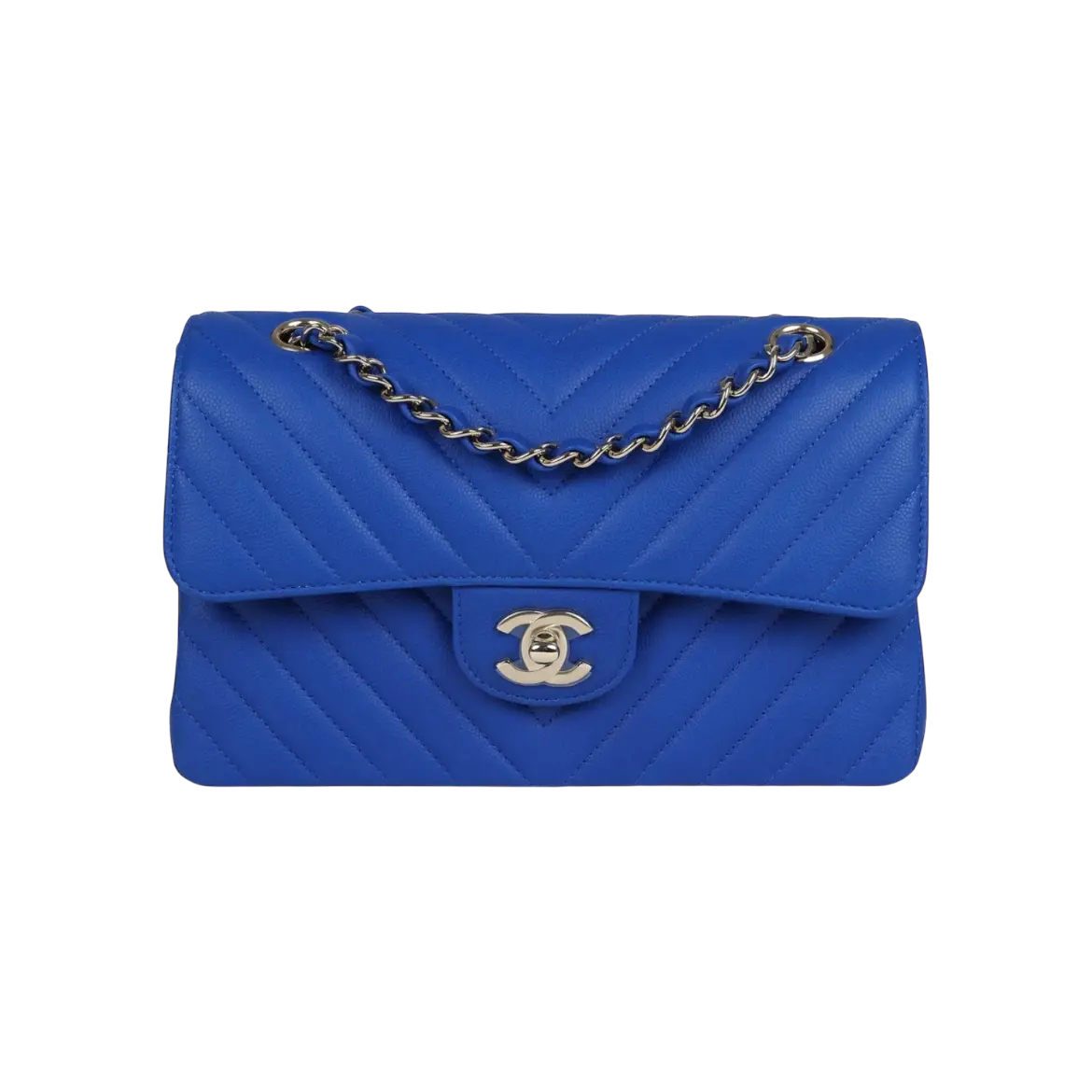 Chanel Classic Double Flap Blue Chevron Caviar Light Gold Hardware Chrome Dubai