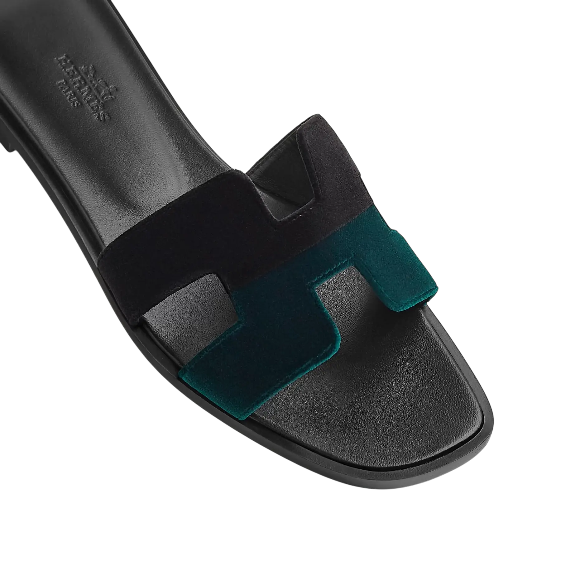 Hermes Oran Sandal Noir / Vert Mousse Chrome Dubai